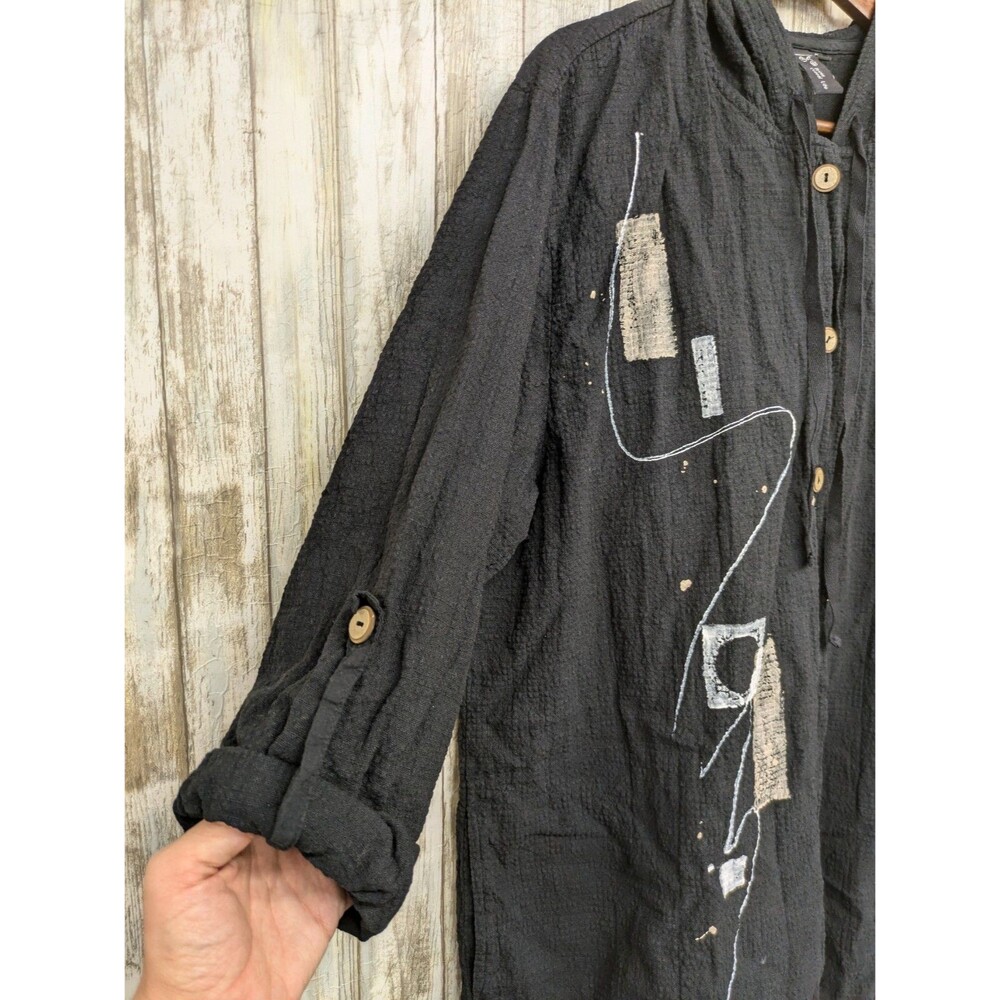 Focus Casual Art Wear Shirt Medium Gauzy Hooded Button Front Lightweight Black - Picture 4 of 11